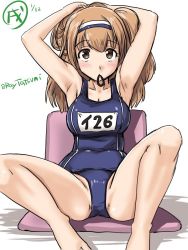 Rule 34 | 1girl, armpits, arms behind head, arms up, blush, breasts, brown eyes, brown hair, cleavage, dated, hairband, hairband in mouth, i-26 (kancolle), kantai collection, light brown hair, long hair, looking at viewer, medium breasts, mouth hold, new school swimsuit, one-hour drawing challenge, one-piece swimsuit, school swimsuit, sitting, solo, spread legs, swimsuit, tatsumi ray, twitter username, two-tone hairband, two side up, white background