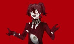 Rule 34 | androgynous, blood, blood on clothes, blood on face, commentary, e.g.o (project moon), employee (project moon), gloves, jacket, lobotomy corporation, long sleeves, necktie, one eye closed, open mouth, project moon, quin tails, red background, red gloves, red hair, red jacket, red necktie, shirt, short twintails, shuishui a, simple background, smile, solo, twintails, upper body, w arms, white shirt