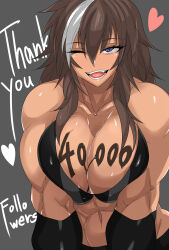 Rule 34 | 1girl, blue eyes, breasts, brown hair, chocolate, chocolate on body, chocolate on breasts, cleavage, dorothy (zokusuke), food on body, highres, large breasts, long hair, looking at viewer, multicolored hair, muscular, muscular female, smile, solo, sweat, teeth, tongue, white hair, zokusuke