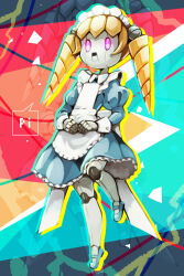 Rule 34 | 1girl, abstract background, apron, blonde hair, blue dress, blue footwear, dress, drill hair, frilled dress, frills, full body, highres, juliet sleeves, lil miss marshmallow, long hair, long sleeves, looking ahead, maid headdress, mary janes, mother (game), mother 3, nintendo, puffy sleeves, purple eyes, robot girl, shifumame, shoes, solo, speech bubble, twin drills, white apron, zoom layer