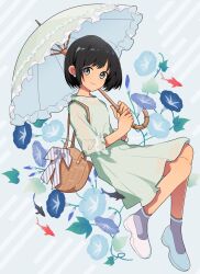 Rule 34 | 1girl, animal, ankle socks, arisa (aren), artist name, bag, black hair, blue flower, blush, bow, closed mouth, diagonal-striped bow, dress, earrings, fish, floral background, flower, flower (symbol), frilled sleeves, frills, full body, green dress, grey bow, grey eyes, grey socks, highres, holding, holding umbrella, jewelry, knees up, leaf, looking at viewer, morning glory, original, parasol, purple flower, shoes, short hair, shoulder bag, signature, sleeves past elbows, smile, socks, solo, striped bow, umbrella, white bow, white footwear
