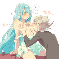 Rule 34 | 1boy, 1girl, aisutabetao, arm support, azura (fire emblem), blue hair, blush, grabbing another&#039;s breast, breasts, clothes pull, corrin (fire emblem), corrin (male) (fire emblem), cousins, dress pull, fire emblem, fire emblem fates, grabbing, hetero, incest, japanese text, medium breasts, nintendo, nipples, on bed, pointy ears, sitting, strap slip, sweat, white hair