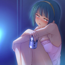 Rule 34 | 1girl, armpits, bare shoulders, beer can, blush, breast press, breasts, brown eyes, can, character name, drink can, drunk, green hair, hairband, idolmaster, idolmaster (classic), medium breasts, mole, mole under mouth, otonashi kotori, racer (magnet), short hair, sideboob, solo