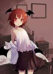 Rule 34 | 1girl, alternate hair length, alternate hairstyle, arched back, bed, black skirt, black wings, book, camisole, collarbone, cowboy shot, demon wings, flat chest, futatsuki eru, head wings, indoors, koakuma, looking at viewer, pillow, pointy ears, red eyes, red hair, short hair, skirt, solo, standing, strap gap, touhou, undressing, wings