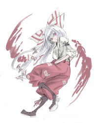 Rule 34 | 1girl, bad id, boots, bow, female focus, fujiwara no mokou, hair bow, hands in pockets, kumada (pixiv 86161), kumadano, long hair, looking at viewer, red eyes, sleeves rolled up, solo, touhou, white hair