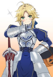 Rule 34 | 1girl, ahoge, armor, artoria pendragon (all), artoria pendragon (fate), blonde hair, blue ribbon, blush, braid, breasts, clarent (fate), commentary, cosplay, crown braid, eyes visible through hair, fate/grand order, fate (series), faulds, gauntlets, gradient background, green eyes, hair ribbon, halloween bucket, hand on own chin, hand on own hip, highres, juliet sleeves, long sleeves, mordred (fate), mordred (fate/apocrypha), puffy sleeves, ribbon, saber (fate), saber (fate) (cosplay), short hair, simple background, smile, solo, sparkle, sword, tonee, v-shaped eyebrows, weapon, yellow background