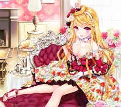 Rule 34 | 1girl, :d, absurdres, bare legs, bare shoulders, blackberry (fruit), blonde hair, blueberry, blush, bouquet, bow, breasts, cake, choker, cinia pacifica, cleavage, cocoon (loveririn), coffee pot, couch, cream, cream on face, cup, cushion, dress, drill hair, eating, eyelashes, feet, fireplace, flower, food, food on face, food print, fork, frilled choker, frilled dress, frills, fruit, full body, gloves, hair bow, hair flower, hair ornament, hairband, hat, high heels, highres, holding, holding fork, holding plate, huge filesize, indoors, lamp, large breasts, layered dress, lolita fashion, long hair, long sleeves, looking at viewer, macaron, makeup, mascara, mini hat, no socks, off-shoulder dress, off shoulder, open mouth, page number, picture frame, pink dress, pink eyes, pink flower, pink footwear, pink hat, pink rose, plate, print dress, red flower, red footwear, red rose, ringlets, rose, sandals, scan, shoes, sitting, smile, solo, strawberry, strawberry print, sunlight, sweets, swept bangs, sword girls, table, tablecloth, tassel, tea set, tiered tray, toes, tray, very long hair, wallpaper (object), white bow, white flower, white gloves, white rose, window