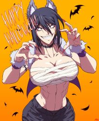 Rule 34 | 1girl, 4ces, abs, animal ears, bat (animal), black choker, black hair, black pants, breasts, capelet, choker, claw pose, cleavage, clenched teeth, collarbone, fake animal ears, fingernails, fur-trimmed capelet, fur trim, hair between eyes, halloween, happy halloween, highres, hitomi-chan wa hitomishiri, large breasts, long fingernails, looking at viewer, medium hair, muscular, muscular female, nail polish, navel, orange background, pants, purple wrist cuffs, red nails, scar, scar on face, sharp fingernails, sharp teeth, shiny skin, smile, solo, stomach, takano hitomi, teeth, upper body, wolf ears, wrist cuffs