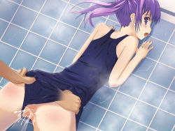 Rule 34 | 1girl, ass, blush, clothed sex, clothing aside, invisible penis, one-piece swimsuit, ponytail, purple eyes, purple hair, school swimsuit, sex, swimsuit, swimsuit aside, uncensored, urichi, wet
