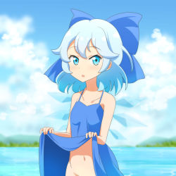 Rule 34 | 1girl, :o, bare arms, bare shoulders, blue bow, blue dress, blue eyes, blue hair, blue sky, bow, cato (monocatienus), cirno, clothes lift, cloud, collarbone, commentary request, day, dress, dress lift, hair bow, highres, ice, ice wings, lake, lifted by self, looking at viewer, navel, no panties, open mouth, out-of-frame censoring, outdoors, short hair, sky, solo, touhou, upper body, wings