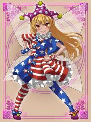 Rule 34 | 1girl, alternate costume, american flag dress, aoiueo12, blonde hair, clownpiece, dress, fairy wings, highres, long hair, multicolored clothes, multicolored dress, orange eyes, pantyhose, polka dot headwear, puffy short sleeves, puffy sleeves, short sleeves, solo, star (sky), touhou, wings