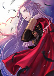 Rule 34 | 1girl, black feathers, black jacket, blurry, blurry foreground, cape, edelgard von hresvelg, feathers, fire emblem, fire emblem: three houses, floating hair, from side, garreg mach monastery uniform, gloves, grey eyes, hair ribbon, hand in own hair, highres, jacket, long hair, long sleeves, military, military uniform, misica, nintendo, open mouth, purple ribbon, red cape, ribbon, silver hair, solo, standing, uniform, very long hair, white gloves, white neckwear
