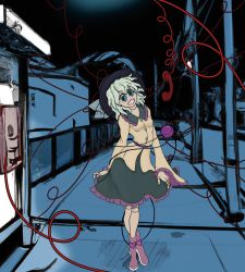 Rule 34 | absurdres, creepy, doll, doll joints, elly snail, fangs, full body, green eyes, green hair, hat, highres, joints, komeiji koishi, mary-san, night, open mouth, skirt, telephone, touhou, urban legend, urban legend in limbo, wire
