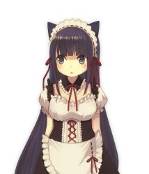 Rule 34 | 1girl, animal ears, bad id, bad pixiv id, black hair, blue eyes, blue hair, blush, bow, breasts, cat ears, detached collar, frilled sleeves, frills, highres, long hair, maid, maid headdress, matching hair/eyes, nekomo, open mouth, original, puffy short sleeves, puffy sleeves, ribbon, short sleeves, simple background, solo, white background