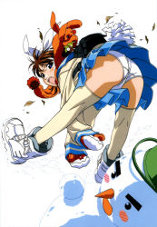 Rule 34 | 1girl, ass, blue eyes, blush, boots, brown hair, carrot, falling, food, from behind, gloves, hat, jacket, jumping, kneepits, long sleeves, looking at viewer, looking back, miniskirt, mittens, open mouth, orange scarf, panties, pantyshot, pleated skirt, scarf, school uniform, serafuku, skirt, smile, snow, snowman, solo, sweater, thighhighs, thighs, underwear, uniform, upskirt, vegetable, watanabe akio, white panties, white thighhighs