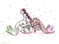 Rule 34 | animal ears, blue eyes, brown eyes, brown fur, cherry blossoms, digimon, digimon (creature), food, green fur, highres, holding, holding food, horns, lop rabbit ears, lopmon, nagoshi, oversized food, oversized object, rabbit ears, simple background, single horn, sitting, standing, terriermon, twitter username, white background