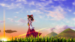 Rule 34 | 1girl, arm behind head, ascot, bow, brown hair, clenched hand, cloud, detached sleeves, grass, hair bow, hair tubes, hakurei reimu, highres, lens flare, looking at viewer, midriff, mountain, noronosuke, orange eyes, short hair, skirt, skirt set, sky, solo, sunset, touhou