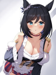 Rule 34 | 1girl, :o, absurdres, animal ears, apron, bare shoulders, black hair, blouse, blue eyes, blue hair, blush, bob cut, breasts, choker, cleavage, collarbone, colored inner hair, colored stripes, corset, cowboy shot, ear ornament, eishin flash (umamusume), firin, frilled apron, frilled skirt, frilled sleeves, frills, hand up, highres, horse ears, large breasts, leaning forward, long sleeves, looking at viewer, multicolored hair, open mouth, red choker, shirt, skirt, solo, striped clothes, striped skirt, two-tone background, two-tone hair, umamusume, vertical-striped clothes, vertical-striped skirt, waist apron, white apron, white shirt