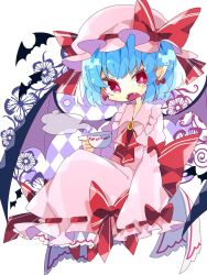 Rule 34 | 1girl, bat (animal), bat wings, blue hair, bow, cup, dress, earrings, fang, frilled shirt, frilled shirt collar, frilled sleeves, frills, full body, hair ribbon, hat, hat ribbon, highres, jewelry, looking at viewer, mob cap, nikorashi-ka, one-hour drawing challenge, open mouth, pink dress, pointy ears, puffy sleeves, red bow, red eyes, red footwear, red ribbon, remilia scarlet, ribbon, ribbon trim, shirt, shoes, short hair, sitting, teacup, touhou, wings