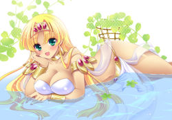 Rule 34 | 1girl, armband, blonde hair, blush, bracelet, breast rest, breasts, head rest, choker, claire (hihouden), green eyes, hairband, hihouden, jewelry, large breasts, long hair, lots of jewelry, lying, partially submerged, smile, solo, tokinon, water
