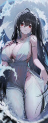 Rule 34 | 1girl, absurdres, ahoge, armlet, azur lane, bare arms, bare shoulders, black hair, breasts, center opening, cleavage, cocktail dress, commentary request, cowboy shot, dress, earrings, garter straps, groin, hair between eyes, hand on own chest, highres, jewelry, large breasts, libo (724ml), long hair, looking at viewer, necklace, official alternate costume, parted lips, plunging neckline, red eyes, see-through, side slit, sideboob, sidelocks, sleeveless, sleeveless dress, solo, taihou (azur lane), taihou (temptation on the sea breeze) (azur lane), thighhighs, thighs, very long hair, water, wet, wet clothes, white dress, white garter straps, white thighhighs