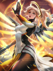 Rule 34 | 1girl, blonde hair, glowing, halo, mechanical halo, mechanical wings, mercy (overwatch), outstretched arm, overwatch, overwatch 1, pantyhose, pelvic curtain, sakimichan, solo, staff, wings