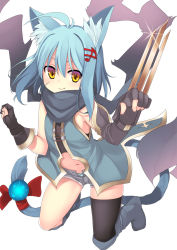 Rule 34 | 1girl, ahoge, animal ears, asymmetrical sleeves, black scarf, blue hair, blue panties, blue shirt, blue shorts, bow, bow panties, cat ears, cat tail, claw (weapon), claw pose, commentary request, detached sleeves, facial scar, fang, fortissimo, hair between eyes, hair ornament, highres, kemonomimi mode, kneeling, looking at viewer, mahcdai, medium hair, mismatched sleeves, musical note, musical note hair ornament, navel, open fly, panties, planol note, quaver, red ribbon, ribbon, scar, scar on cheek, scar on face, scarf, shirt, short shorts, shorts, simple background, single thighhigh, sleeveless, sleeveless shirt, slit pupils, smile, solo, strapless, tail, tail ornament, tail ribbon, thighhighs, torn clothes, torn scarf, tube top, unbuttoned, underwear, weapon, white background, yellow eyes