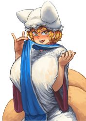 Rule 34 | 1girl, animal hat, blonde hair, blush, breasts, chanta (ayatakaoisii), extra ears, fox tail, hand up, hat, highres, huge breasts, long sleeves, looking at viewer, mob cap, multiple tails, nose blush, open mouth, plump, shirt, short hair, simple background, skirt, smile, solo, tabard, tabard lift, tail, teeth, tongue, touhou, upper body, white background, white shirt, white skirt, wide sleeves, yakumo ran