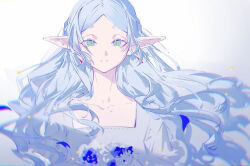 Rule 34 | 1girl, blue flower, blue rose, bouquet, braid, bride, byuey, collarbone, dress, earrings, elf, flat chest, floating hair, flower, french braid, frieren, green eyes, grey hair, jewelry, looking at viewer, parted bangs, petals, pointy ears, rose, smile, solo, sousou no frieren, upper body, wedding, wedding dress, white background, white dress, white flower, white hair, white rose