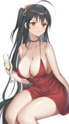 Rule 34 | 1girl, ahoge, alcohol, azur lane, bare shoulders, blush, breasts, champagne, champagne flute, choker, cleavage, cocktail dress, commentary, cup, dress, drinking glass, hair ornament, highres, huge breasts, long hair, looking at viewer, official alternate costume, oshage (osyage921), red choker, red dress, red eyes, simple background, solo, symbol-only commentary, taihou (azur lane), taihou (forbidden feast) (azur lane), white background