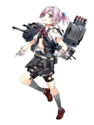 Rule 34 | 1girl, bike shorts, blue eyes, bra, brown footwear, collared shirt, damaged, full body, gloves, green bra, grey legwear, grey skirt, grey vest, hachimaki, hair intakes, hair ornament, hairband, headband, kantai collection, konishi (koconatu), leg up, loafers, looking at viewer, looking to the side, machinery, neck ribbon, official art, outstretched arm, pink hair, pleated skirt, pocket, red ribbon, ribbon, school uniform, shiranui (kancolle), shirt, shoes, short hair, short ponytail, short sleeves, shorts, shorts under skirt, skirt, solo, thigh strap, torn bike shorts, torn clothes, torn shirt, torn skirt, torn sleeves, torn vest, transparent background, turret, underwear, vest, white gloves, white hairband, white shirt
