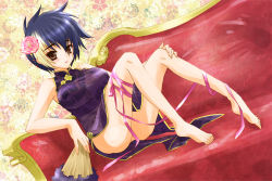 Rule 34 | 1girl, bad id, bad pixiv id, bare legs, barefoot, blue hair, breasts, brown eyes, china dress, chinese clothes, couch, dress, feet, fingernails, flower, folding fan, gien, hair flower, hair ornament, hand fan, koihime musou, large breasts, leg ribbon, mali, multicolored hair, no panties, ribbon, shirt, short hair, solo, source request, taut clothes, taut shirt, thigh ribbon, toenails, toes