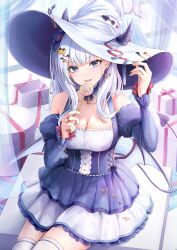 Rule 34 | 1girl, aqua nails, blue eyes, box, breasts, candy, cleavage, demon tail, demon wings, dress, earrings, food, gift, gift box, hair ornament, hat, highres, holding, holding candy, holding food, horns, horns through headwear, jewelry, long hair, long sleeves, looking at viewer, low wings, medium breasts, open mouth, original, ring, short dress, sitting, solo, tail, teeth, thighhighs, tokeshi, upper teeth only, white hair, white hat, white thighhighs, wings, witch hat