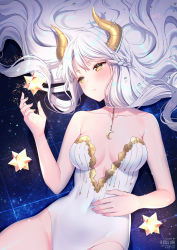 Rule 34 | 1girl, artist name, bare shoulders, blush, braid, breasts, choker, cleavage, commentary, covered navel, english commentary, highres, horns, leotard, long hair, looking away, lying, medium breasts, on back, original, parted lips, rosuuri, signature, silver hair, solo, star (symbol), white leotard, yellow eyes
