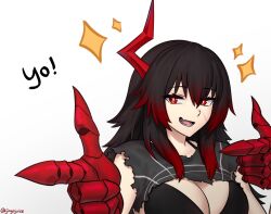Rule 34 | 1girl, artist name, azur lane, black bra, black hair, bra, breasts, claws, cleavage cutout, clothing cutout, fang, finger gun, gradient hair, hair between eyes, highres, horns, jingojuice, long hair, looking at viewer, magdeburg (azur lane), medium breasts, multicolored hair, open mouth, red eyes, red hair, red horns, scar, scar on face, shirt, single horn, skin fang, smile, solo, sparkle, torn clothes, torn shirt, twitter username, underwear, upper body