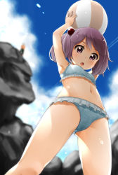 Rule 34 | 10s, 1girl, :o, arms up, ball, beachball, bikini, blue bikini, blue sky, blurry, blush, breasts, cloud, contrail, day, depth of field, floral print, frilled bikini, frills, from below, gradient background, groin, hair bobbles, hair ornament, highres, holding, holding ball, kantai collection, light particles, navel, open mouth, outdoors, purple eyes, purple hair, rock, sazanami (kancolle), sky, small breasts, soborou, solo focus, swimsuit, twintails