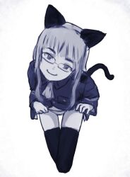 Rule 34 | 1girl, animal ears, cat ears, cat tail, closed mouth, glasses, long hair, looking at viewer, military uniform, panties, perrine h. clostermann, shiri chin, simple background, sketch, smile, solo, strike witches, tail, thighhighs, underwear, uniform, world witches series