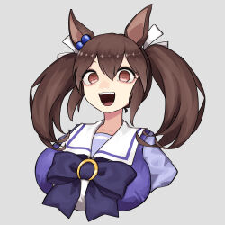 Rule 34 | 1girl, absurdres, animal ears, bow, breasts, brown hair, commentary, ear ornament, grey background, highres, hishi akebono (umamusume), horse ears, horse girl, large breasts, medium hair, open mouth, purple bow, purple shirt, red eyes, sailor collar, sanada ina, school uniform, shirt, simple background, smile, solo, teeth, tracen school uniform, twintails, umamusume, upper body, upper teeth only