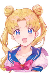Rule 34 | 1girl, :d, bishoujo senshi sailor moon, blonde hair, blue eyes, blue sailor collar, blush, bow, brooch, collarbone, double bun, hair bun, heart, heart brooch, inzup, jewelry, juuban middle school uniform, long hair, looking at viewer, open mouth, red bow, sailor collar, school uniform, serafuku, simple background, smile, solo, tsukino usagi, twintails, upper body, white background