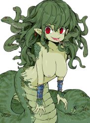 Rule 34 | 1girl, arm between legs, arm wrap, armlet, bare shoulders, breasts, colored skin, convenient censoring, dangle earrings, earrings, fangs, forked tongue, frfr, green hair, green scales, green skin, grey background, highres, jewelry, lamia, large breasts, long hair, looking at another, monster girl, nipples, nude, open mouth, original, pointy ears, red eyes, slit pupils, smile, snake hair, snake tail, solo, tail, tongue, tongue out, white background