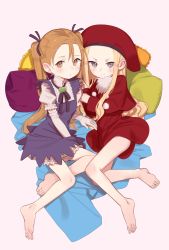 Rule 34 | &gt;:), 2girls, bad id, bad twitter id, barefoot, blonde hair, blue dress, blue ribbon, blush, brown background, brown eyes, brown hair, capelet, child, closed mouth, commentary request, copyright request, dress, elbow gloves, forehead, gloves, grey eyes, hair ribbon, hat, highres, long hair, long sleeves, looking at viewer, multiple girls, parted bangs, parted lips, pillow, puffy short sleeves, puffy sleeves, red capelet, red dress, red headwear, ribbon, shamonabe, shirt, short sleeves, siblings, simple background, sisters, sleeveless, sleeveless dress, smile, smirk, thighs, toes, twintails, v-shaped eyebrows, very long hair, white gloves, white shirt