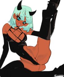 Rule 34 | :d, aqua eyes, arm support, armpits, ass, bare shoulders, black choker, black footwear, black gloves, bob cut, boots, breasts, breasts apart, chestnut mouth, choker, colored sclera, colored skin, demon girl, demon horns, elbow gloves, eyelashes, fangs, furrowed brow, gloves, green hair, green sclera, groin, groin tendon, hair over shoulder, hand on own leg, horikwawataru, horns, knee boots, leather, leather boots, leather gloves, leg lift, leotard, looking at viewer, makeup, mascara, open mouth, panty &amp; stocking with garterbelt, partially visible vulva, red skin, revealing clothes, scanty (psg), simple background, sleeveless, smile, solo, split mouth, spread legs, thong leotard, toned, troll face, twisted torso, wedgie, white background