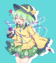 Rule 34 | 1girl, :d, ^ ^, absurdres, black hat, blouse, blue background, blush, bow, breasts, closed eyes, cowboy shot, drawing, drop shadow, eyeball, floral print, frilled shirt collar, frills, green hair, green skirt, happy, hat, hat bow, heart, highres, holding, holding marker, kaoling, komeiji koishi, long sleeves, marker, open mouth, shirt, short hair, simple background, skirt, small breasts, smile, solo, standing, third eye, touhou, wide sleeves, yellow bow, yellow shirt, |d