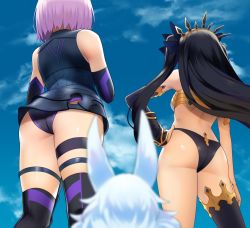 Rule 34 | 2girls, arm at side, armored leotard, ass, bare shoulders, bikini, black bikini, black bow, black gloves, black legwear, black leotard, blue sky, blurry, blurry foreground, bow, breasts, commentary request, creature, day, depth of field, detached sleeves, elbow gloves, facing away, fate/grand order, fate (series), fou (fate), from behind, from below, gloves, hair bow, hairband, hand on own hip, ishtar (fate), leotard, long hair, mash kyrielight, mismatched bikini, multiple girls, outdoors, purple hair, short hair, single detached sleeve, single thighhigh, sky, small breasts, swimsuit, thigh strap, thighhighs, tsuchifumazu, two side up, white bikini