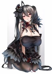 Rule 34 | 1girl, ahoge, arm support, asymmetrical sleeves, azur lane, between legs, black hair, black legwear, bow, breasts, cleavage, detached collar, dress, finger to mouth, hair between eyes, hair ornament, hand between legs, highres, huge breasts, long hair, mutou mame, red bow, red eyes, seiza, sitting, smile, solo, strapless, strapless dress, taihou (azur lane), taihou (muse) (azur lane), twintails