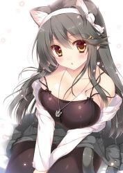 Rule 34 | 10s, 1girl, anchor necklace, animal ears, bare shoulders, between legs, black shirt, blush, breasts, brown eyes, cat ears, cherry blossoms, cleavage, collarbone, grey hair, grey skirt, hair between eyes, hair ornament, hairband, hairclip, hand between legs, haruna (kancolle), jacket, jewelry, kantai collection, kemonomimi mode, large breasts, long hair, long sleeves, necklace, official alternate costume, open mouth, pantyhose, shigunyan, shirt, simple background, sitting, skindentation, skirt, solo, white background, white hairband, white jacket