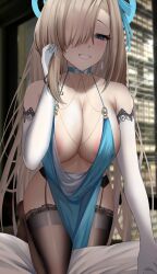 Rule 34 | 1girl, areola slip, asuna (blue archive), blonde hair, blue archive, blue dress, blue eyes, breasts, dress, elbow gloves, garter belt, gloves, hair over one eye, hand in own hair, highres, large breasts, long hair, mole, mole on breast, on bed, pelvic curtain, plunging neckline, revealing clothes, solo, thighhighs, tomi27, white gloves