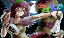 Rule 34 | 2girls, animal ears, bottle, brown hair, cameo, character name, copyright name, drawing, female focus, full moon, futatsuiwa mamizou, glasses, grin, houjuu nue, kunreishiki, leaf, leaf on head, magic, moon, multiple girls, night, object on head, oso (toolate), outstretched arm, paper, pince-nez, raccoon ears, raccoon tail, romaji text, sandals, short hair, smile, solo focus, tail, touhou