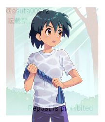 Rule 34 | 1boy, ash ketchum, bad id, bad twitter id, black hair, border, brown eyes, commentary, creatures (company), game freak, highres, looking to the side, male focus, nintendo, ok (asuta00912), open mouth, outside border, pokemon, pokemon (anime), pokemon journeys, purple shorts, shirt, short hair, short sleeves, shorts, solo, t-shirt, teeth, tongue, twitter username, upper teeth only, watermark, wet, wet clothes, wet shirt, white border, white shirt, wringing clothes
