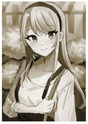Rule 34 | 1girl, akagi kurage, asymmetrical bangs, blouse, commentary request, flower, hairband, highres, kantai collection, long hair, looking at viewer, monochrome, official alternate costume, sagiri (kancolle), sepia, shirt, smile, solo, suspenders, swept bangs, upper body